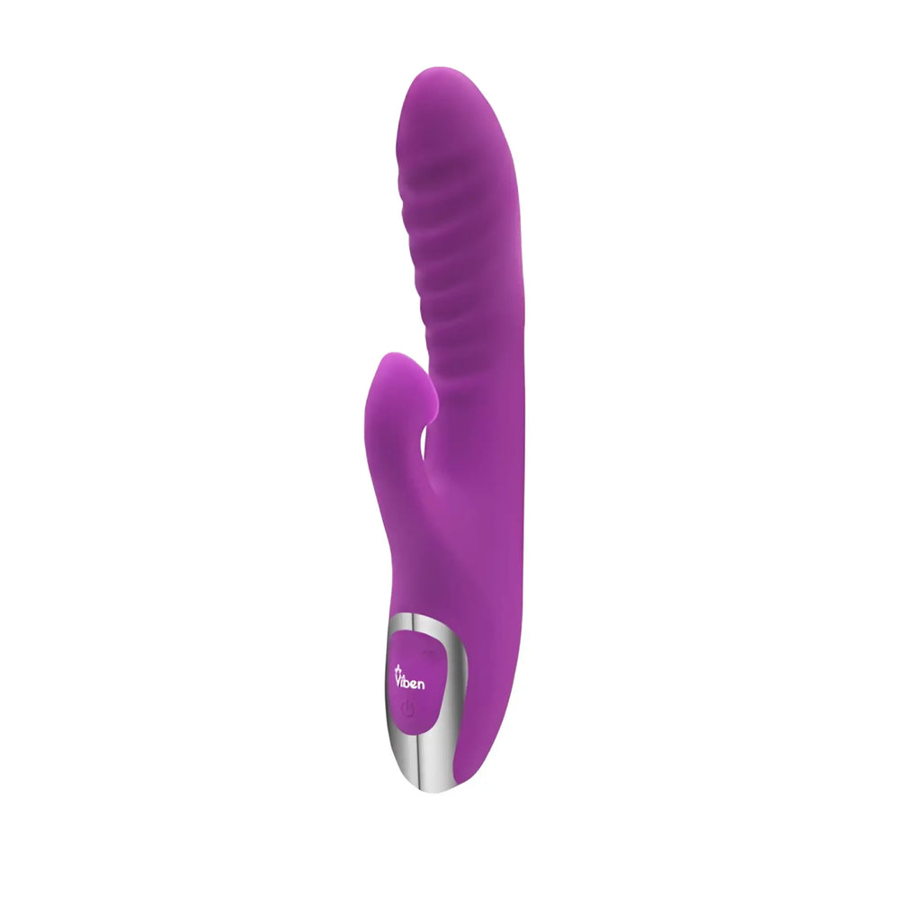 Purple silicone rabbit-shaped vibrator with silver accent and viben branding shown from the back side