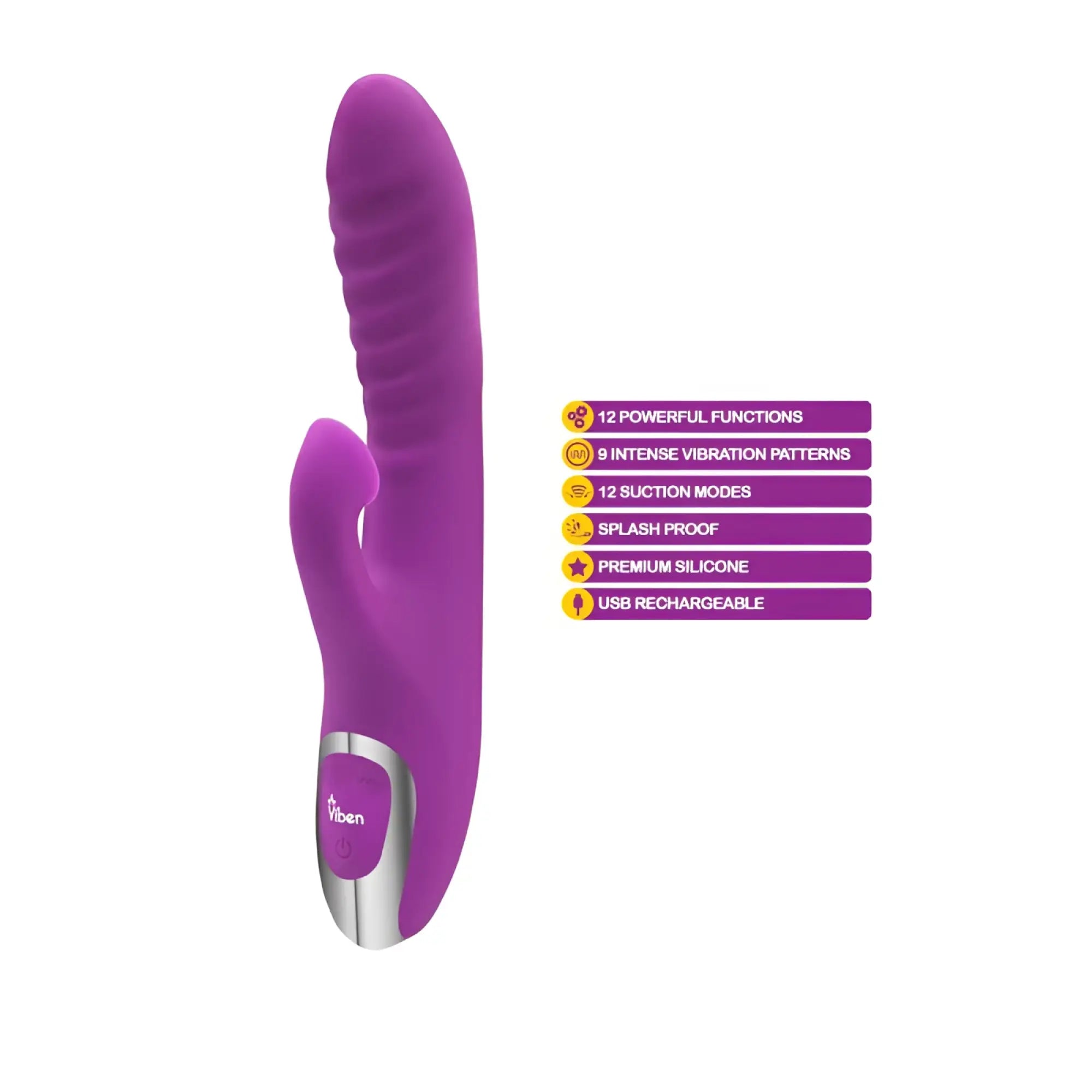 Purple silicone rabbit-shaped vibrator with silver accent and control button from viben frenzy suction rabbit vibe berry