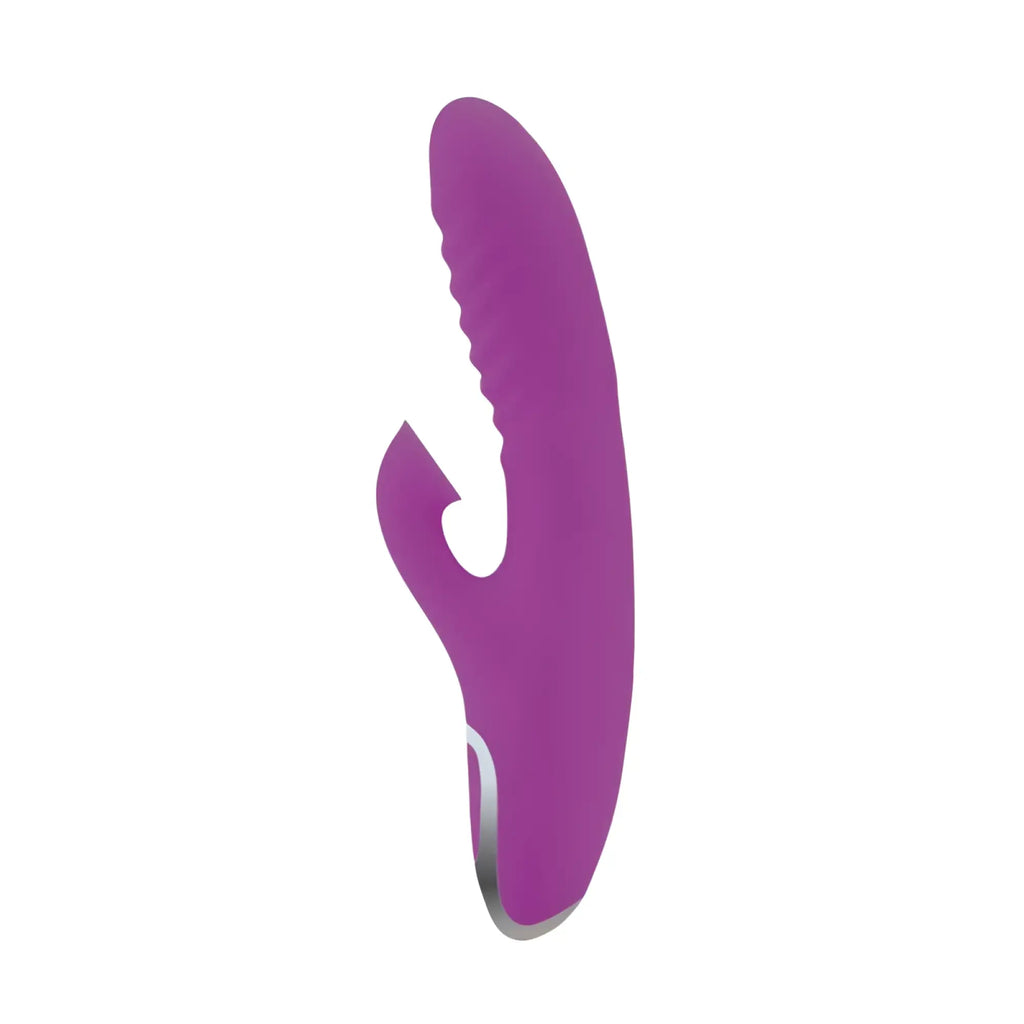 Purple silicone rabbit-shaped vibrator with textured grip and metallic base accent from viben frenzy suction rabbit vibe berry