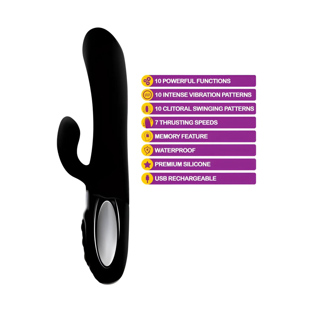 Black premium silicone vibrating rabbit toy with curved ergonomic design and smooth glossy finish for clit stimulation