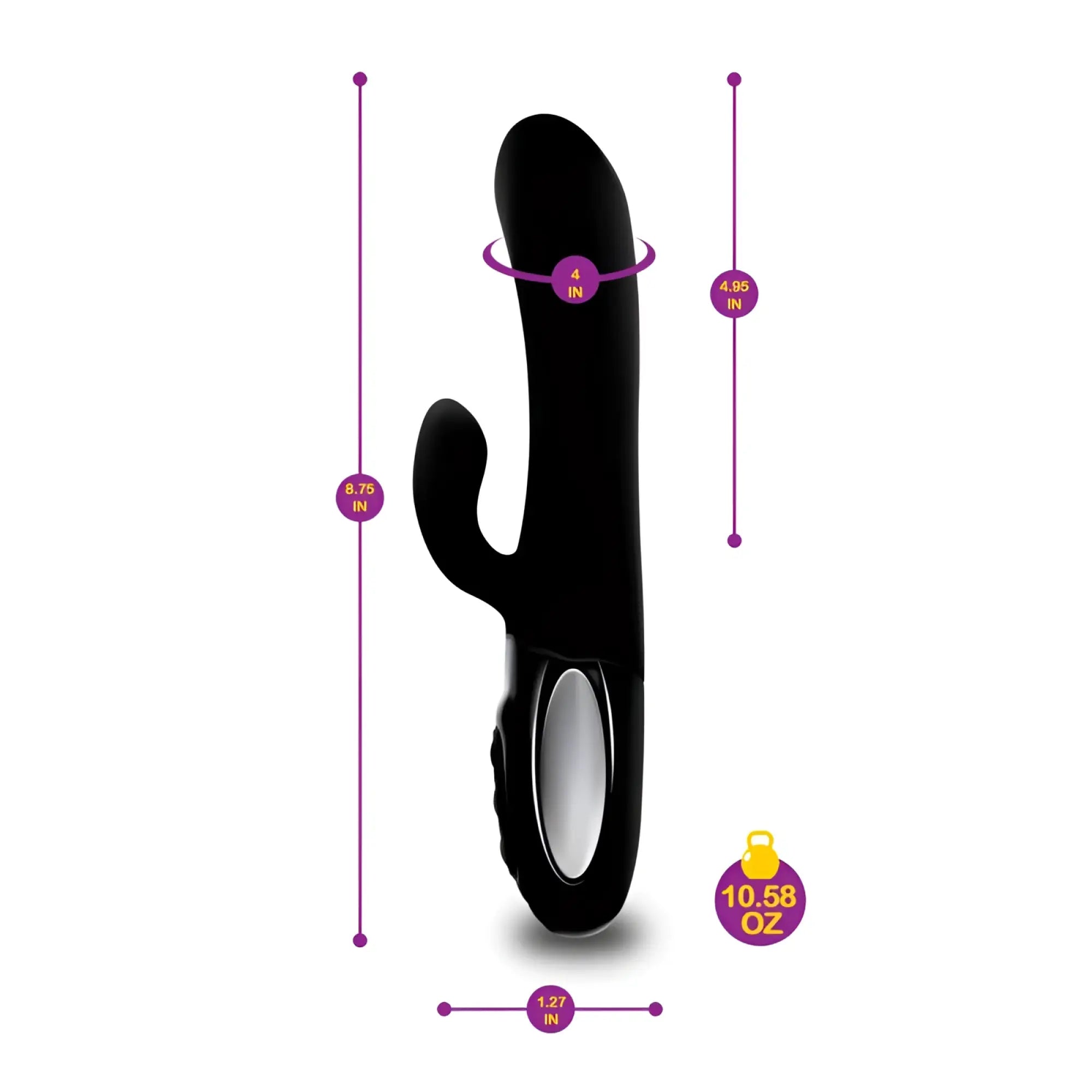 Black silicone Viben Viben Hypnotic thrusting rabbit vibe with swinging clit stim and textured curved handle grip