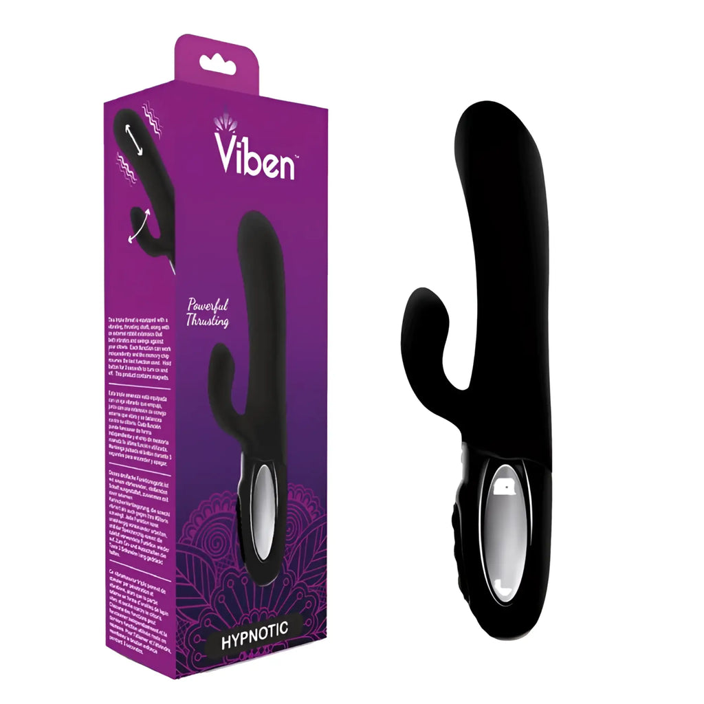 Black silicone rabbit-style vibrator with silver oval control panel on purple viben packaging for thrusting and clit stimulation
