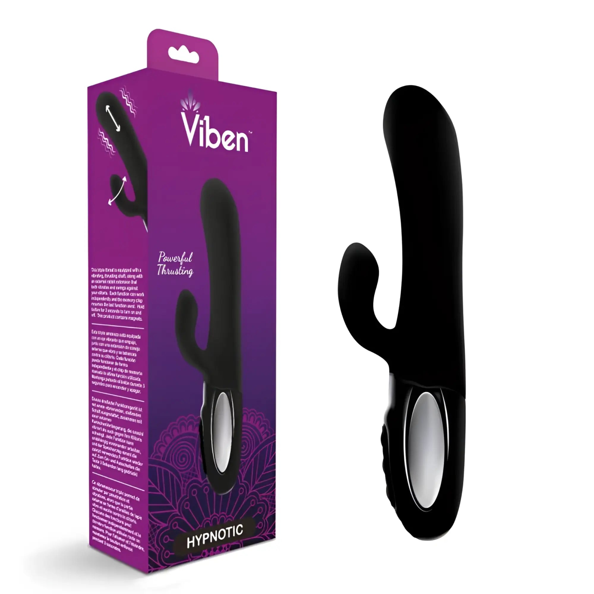 Black viben hypnotic thrusting rabbit vibe with ergonomic design and silver circular control panel for clit stimulation