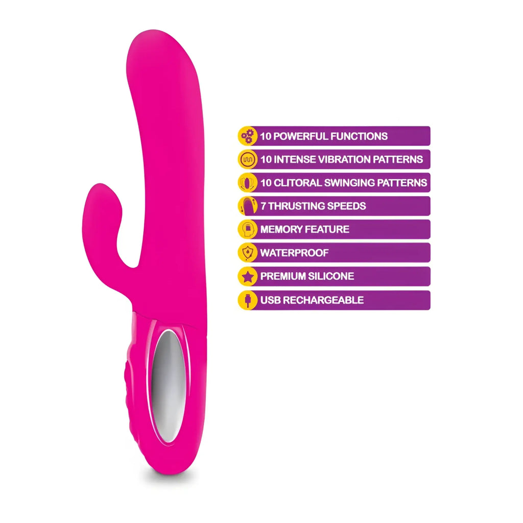 Viben vibhen hypnotic thrusting rabbit vibe hot pink with swinging clit stim ergonomic curved handle shaft