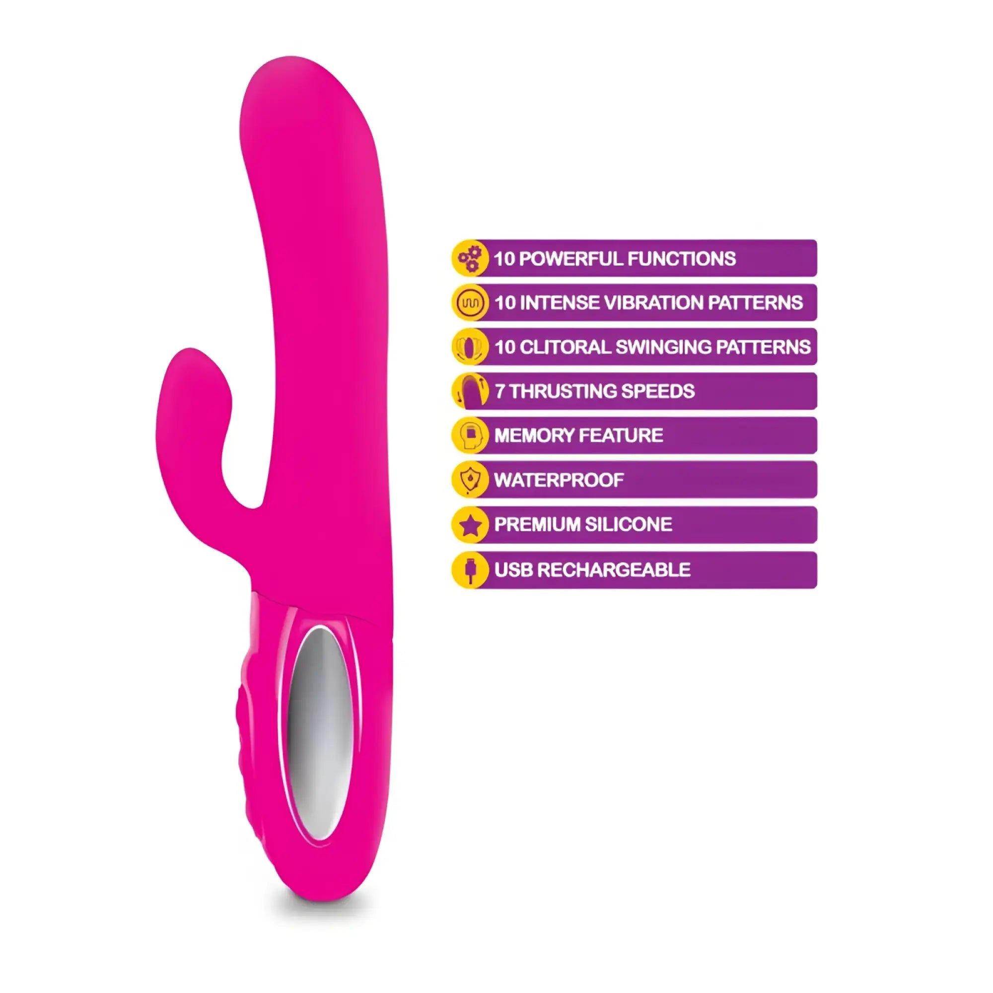 Viben vibhen hypnotic thrusting rabbit vibe hot pink with swinging clit stim ergonomic curved handle shaft