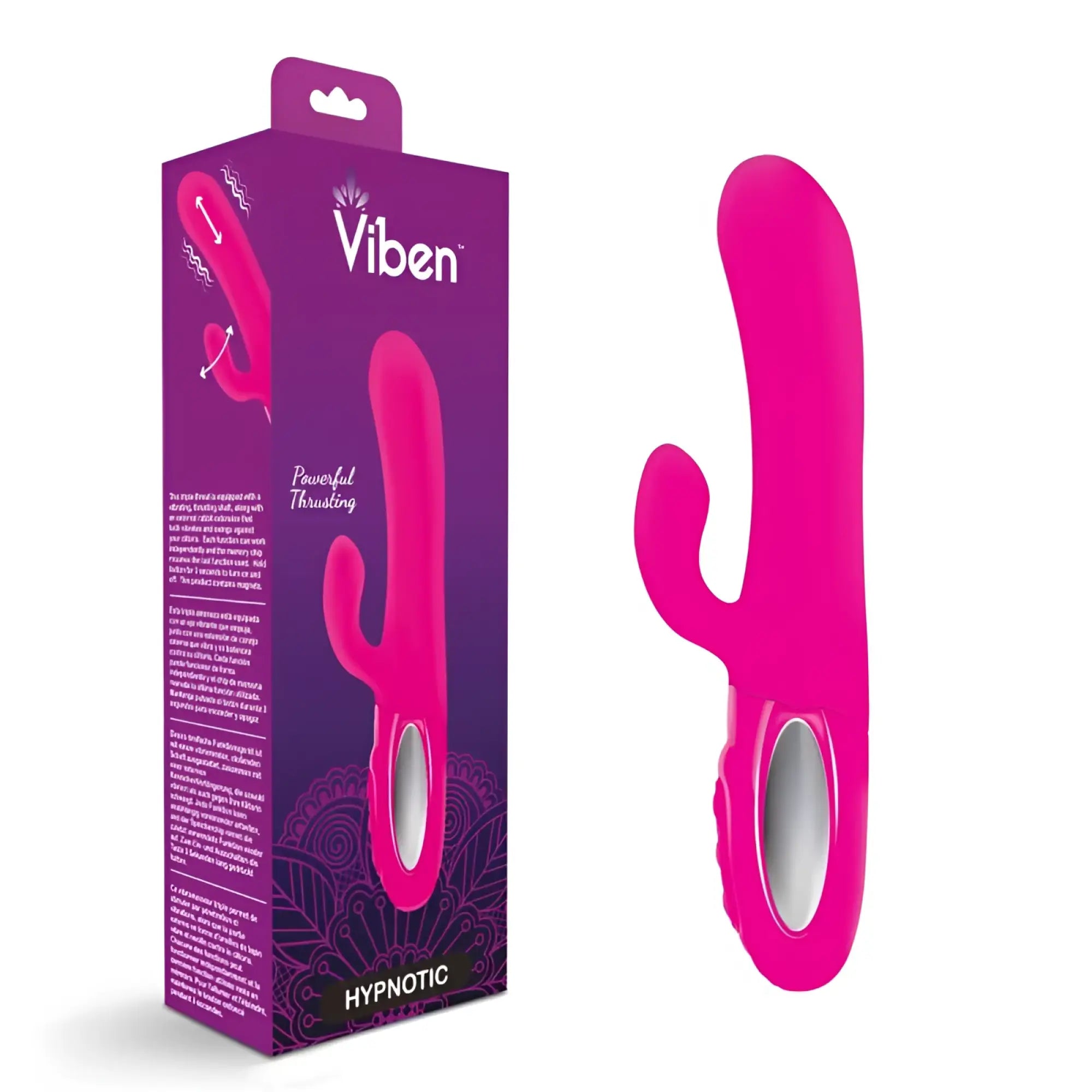 Viben hypnotic thrusting rabbit vibe in hot pink with ergonomic curved handle and central oval opening for stimulation