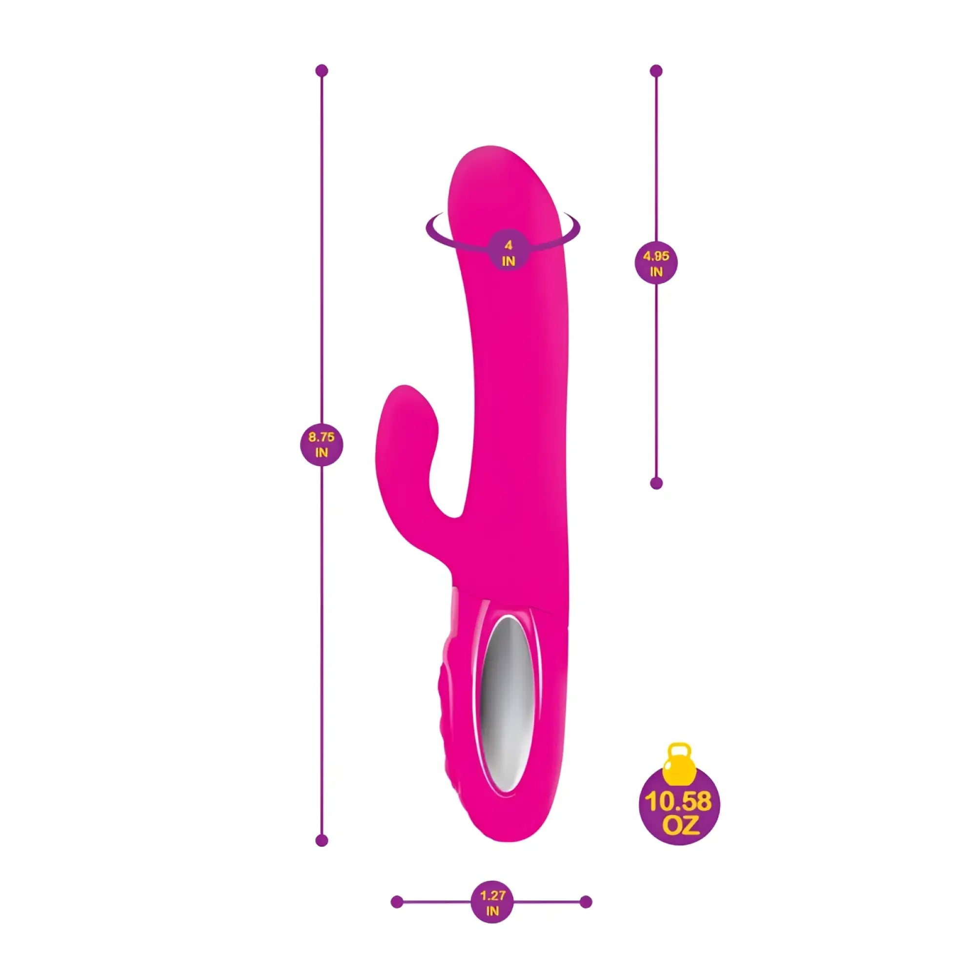 A vibrant pink viben hypnotic thrusting rabbit vibe with swinging clit stim smooth glossy finish and ergonomic handle