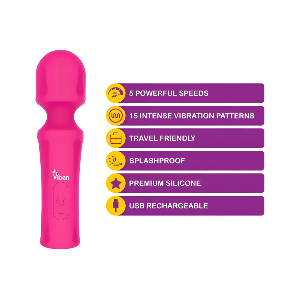 Viben mighty muse massager in hot pink silicone with five speed settings and usb rechargeable battery