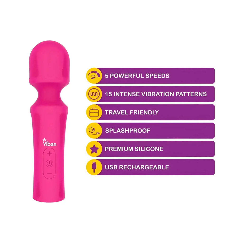 Viben mighty muse massager in hot pink silicone with five speed settings and usb rechargeable battery