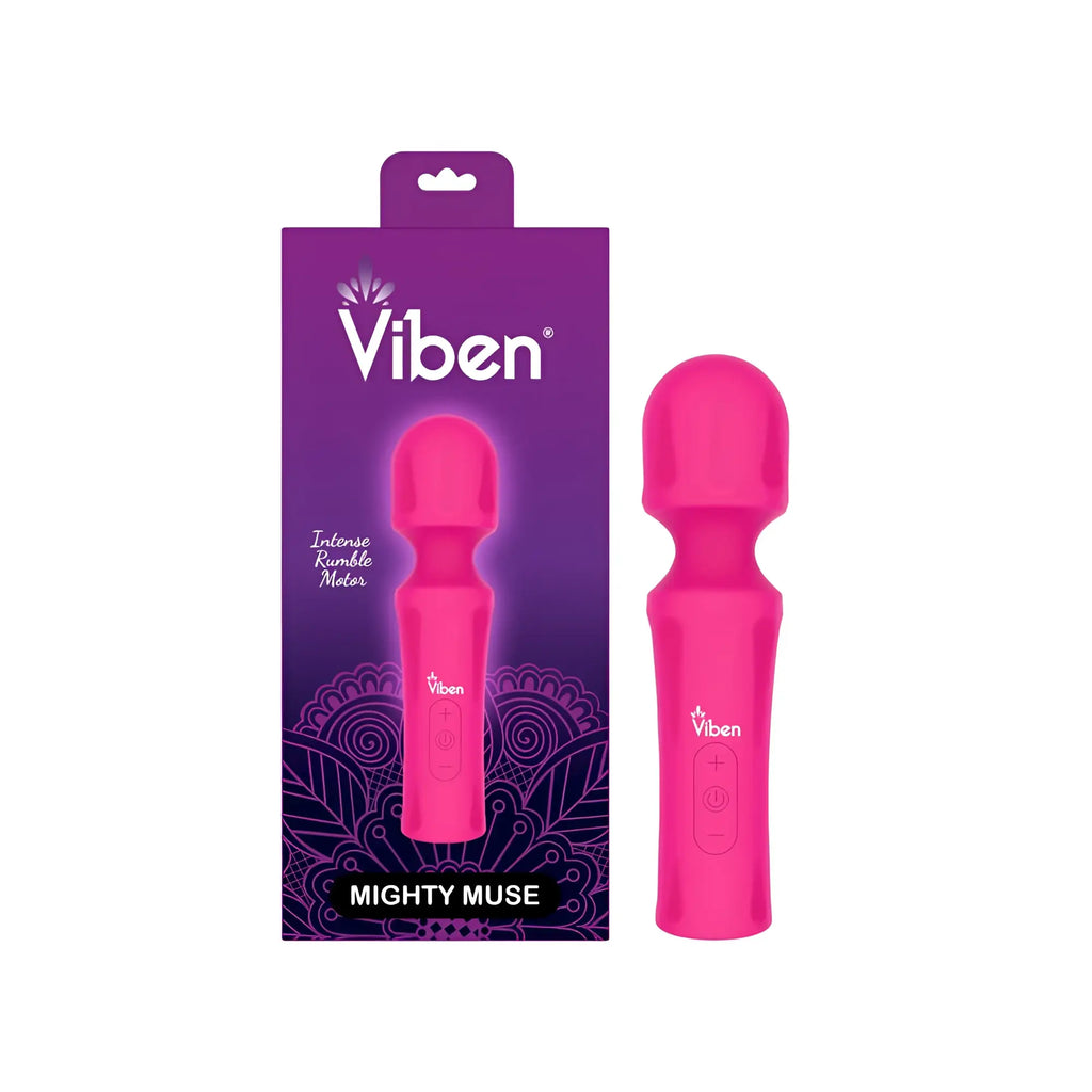 Viben mighty muse massager in hot pink sleek silicone with rounded head and control buttons visible from the front