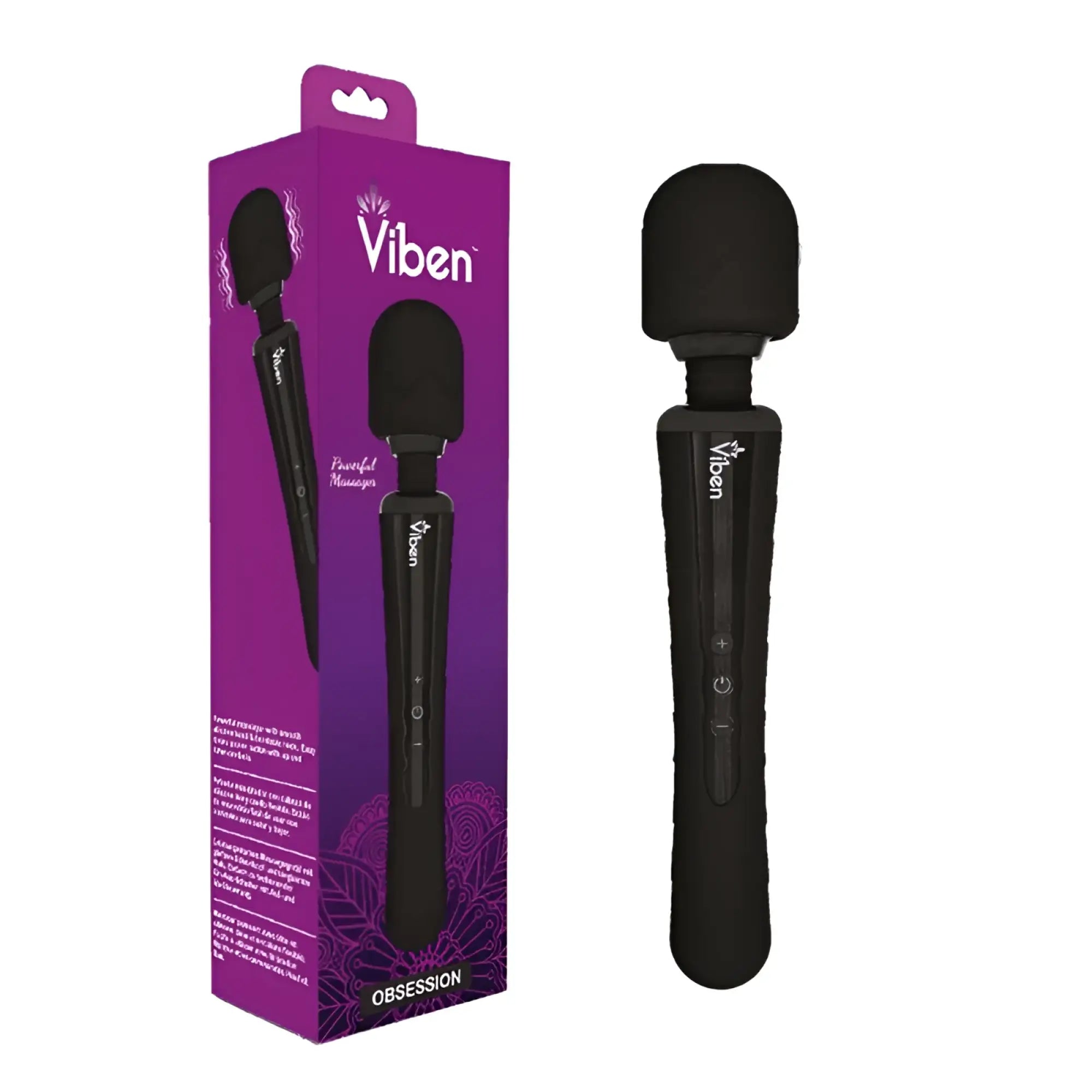 Black viben obsession rechargeable wand massager with textured grip and control buttons for personal relaxation