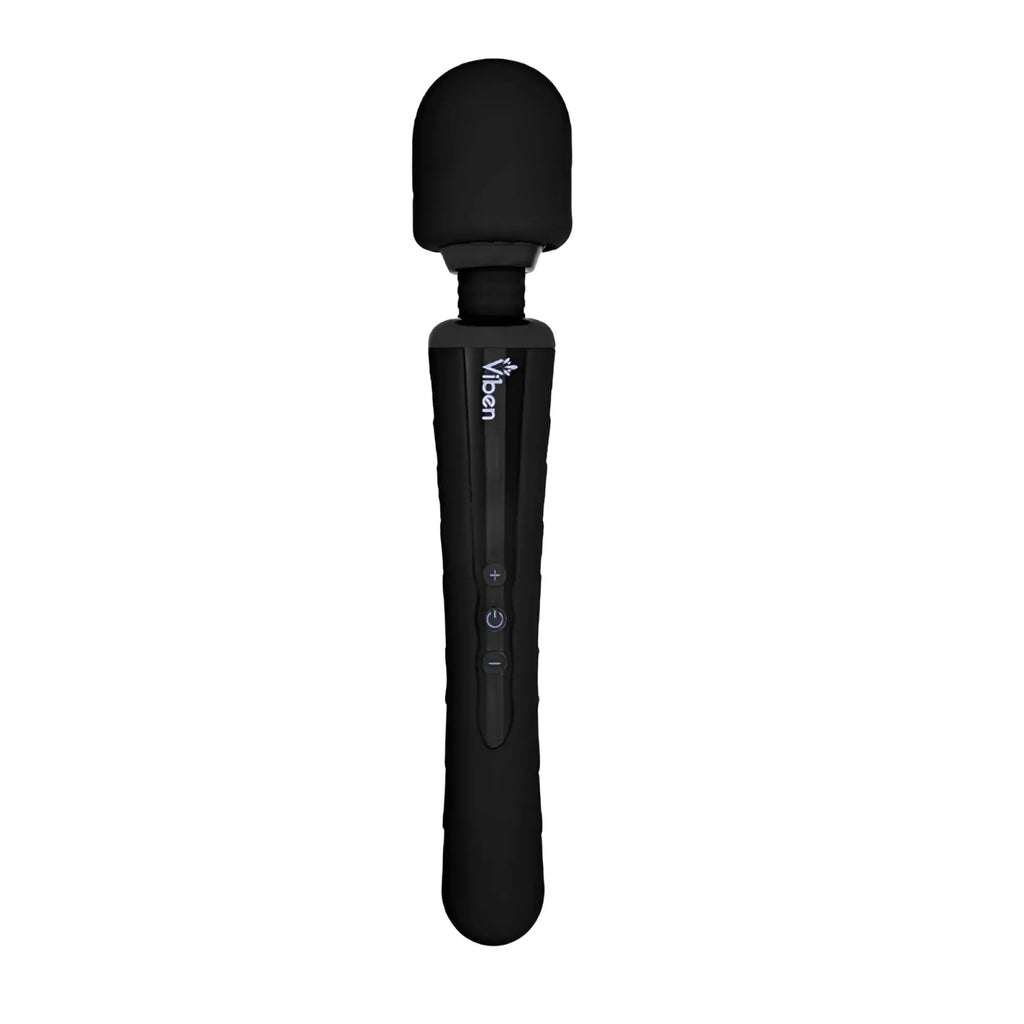 Black viben obsession rechargeable wand massager with smooth rounded head and textured grip in black
