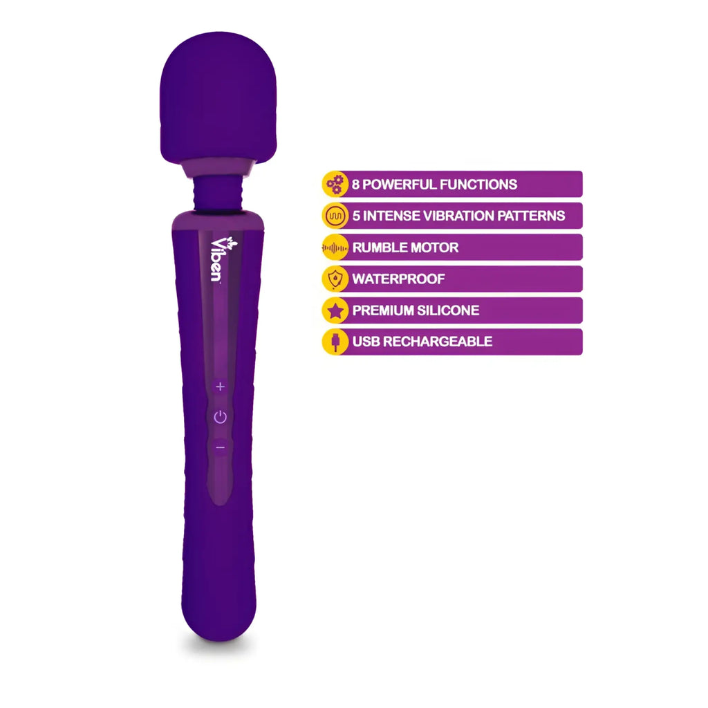 Viben obsession rechargeable wand massager in violet purple silicone with 8 powerful functions and usb rechargeable design