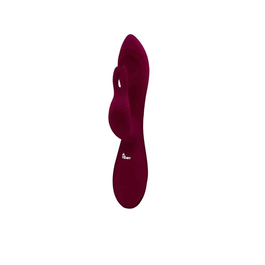 A plush deep red rabbit-shaped rechargeable vibrator with velvety texture and viben branding near its base