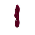 A plush deep red rabbit-shaped rechargeable vibrator with velvety texture and viben branding near its base