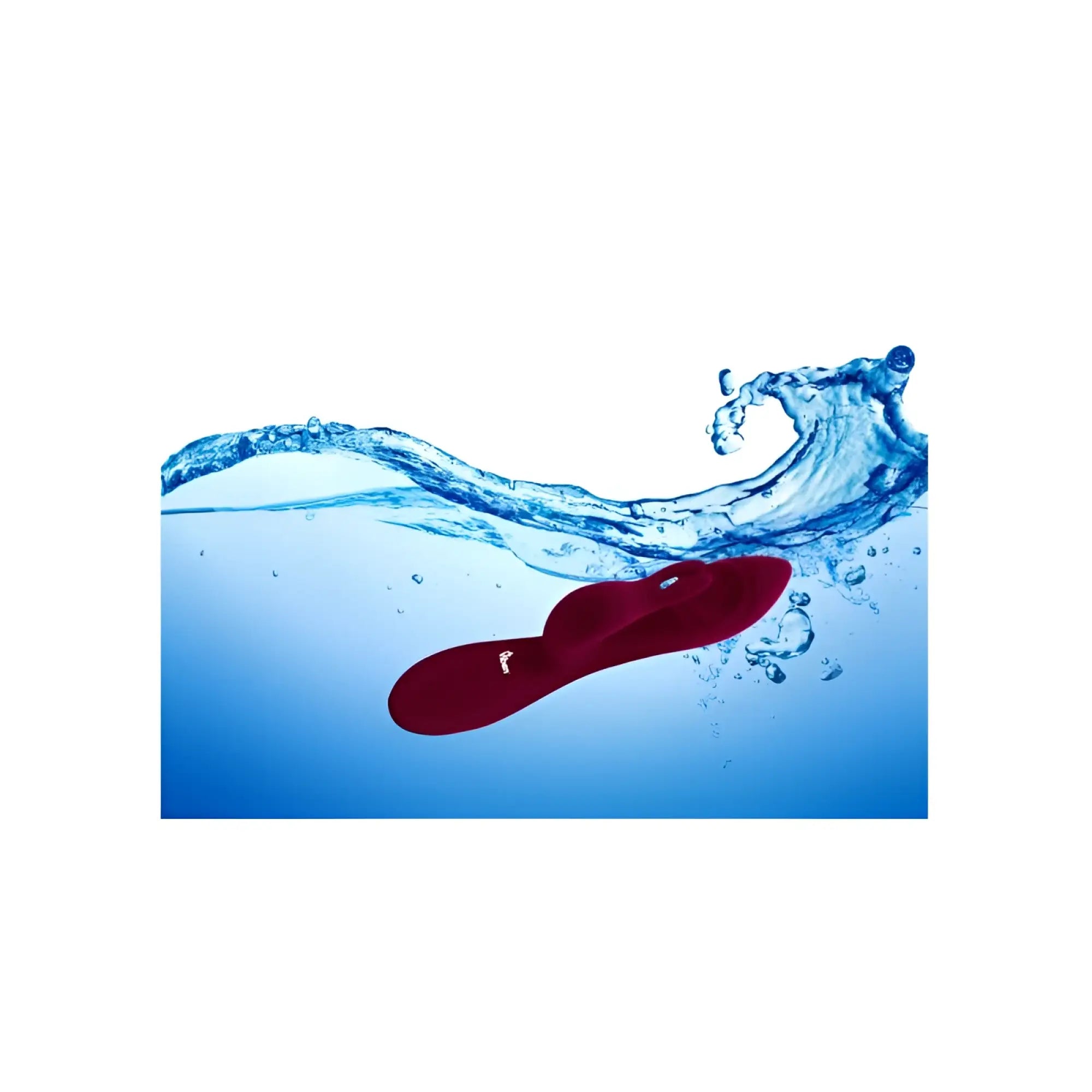A sleek deep red silicone Viben Viben Pzazz Rechargeable Thumping Rabbit Ruby flip-flop with minimalist design and branding