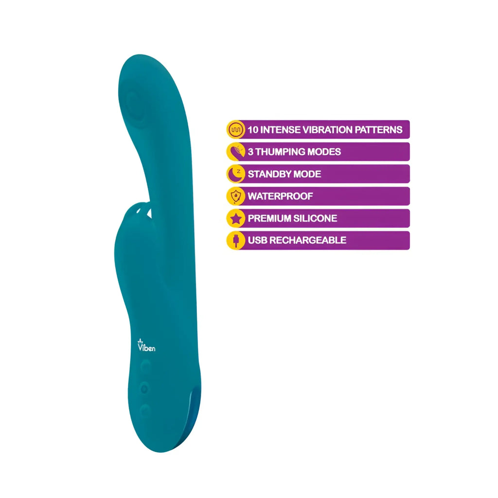 Teal-colored premium silicone viben razzle rechargeable thumping rabbit vibrator with sleek ergonomic design ocean