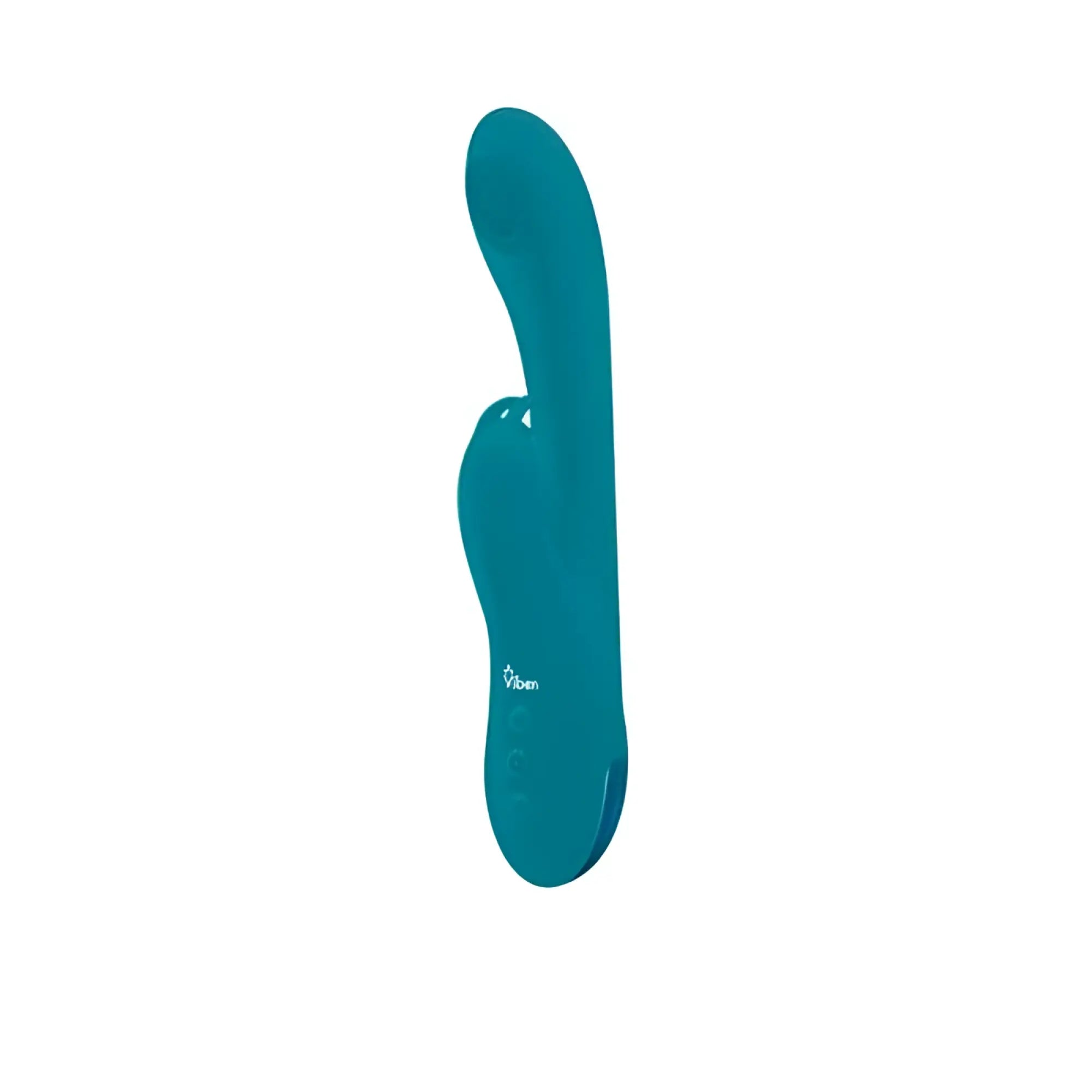 Teal silicone viben razzle rechargeable thumping rabbit vibrato with sleek curved design and viben logo near base