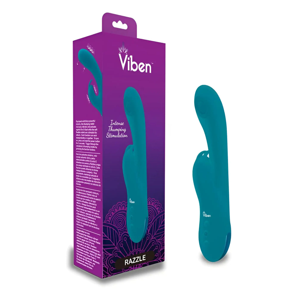 Teal silicone rechargeable thumping rabbit vibrator viben razzle ocean designed for intense stimulation