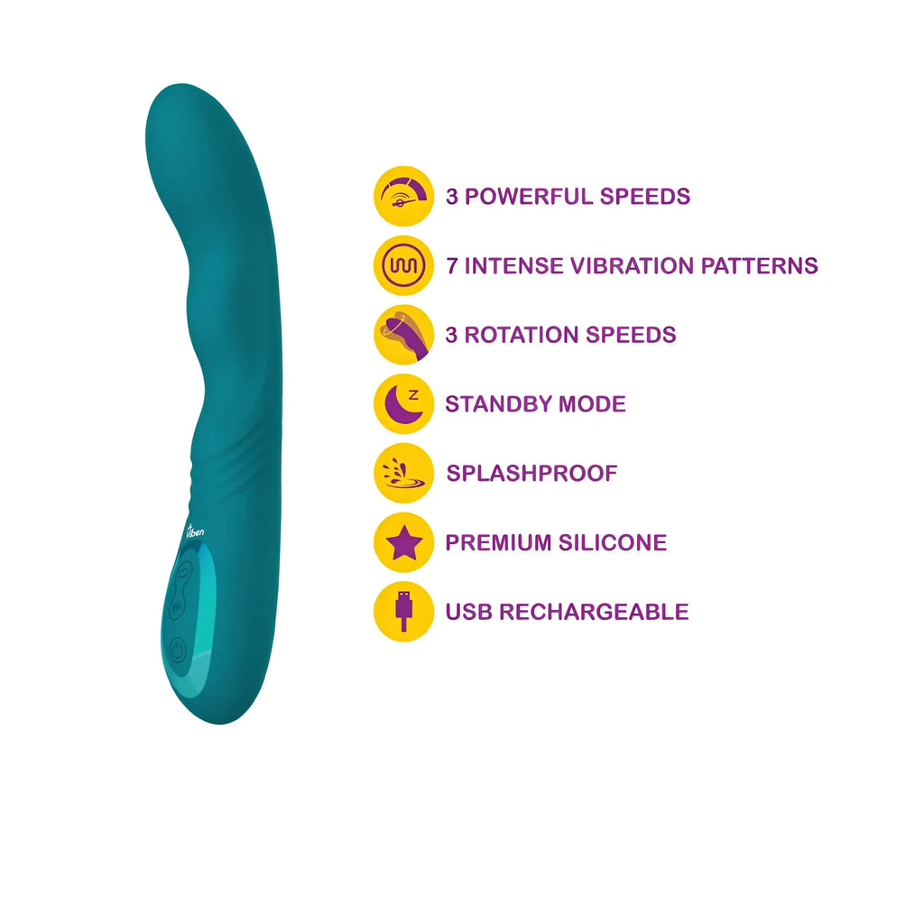 Teal-colored viben swagger ocean adult toy made of premium silicone with sleek curves and control buttons on the base