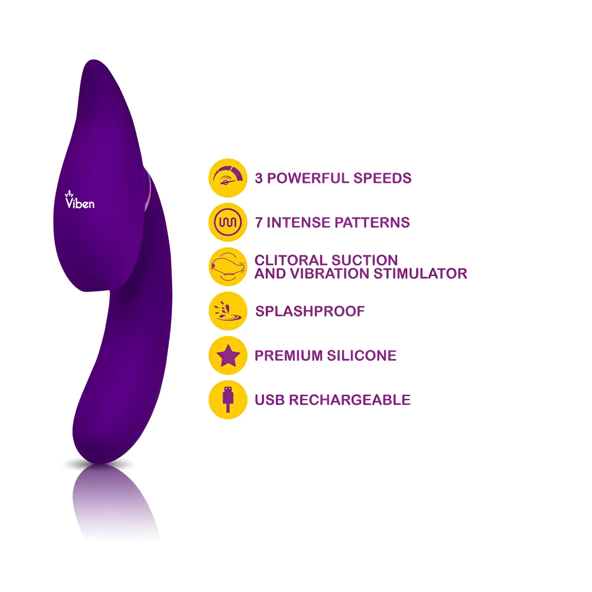 Viben symphony purple silicone clitoral suction vibrator with 21 mode swivel head triple motor usb rechargeable design