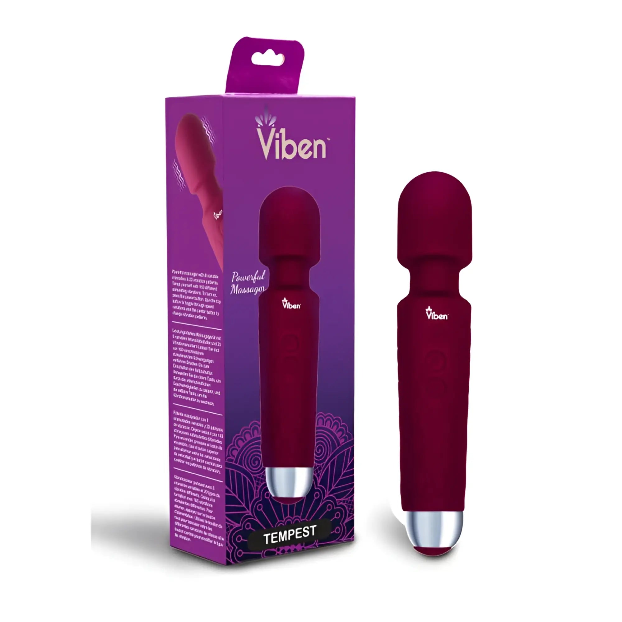 Viben tempest rechargeable maroon wand massager with silver tip and textured grip for personal use