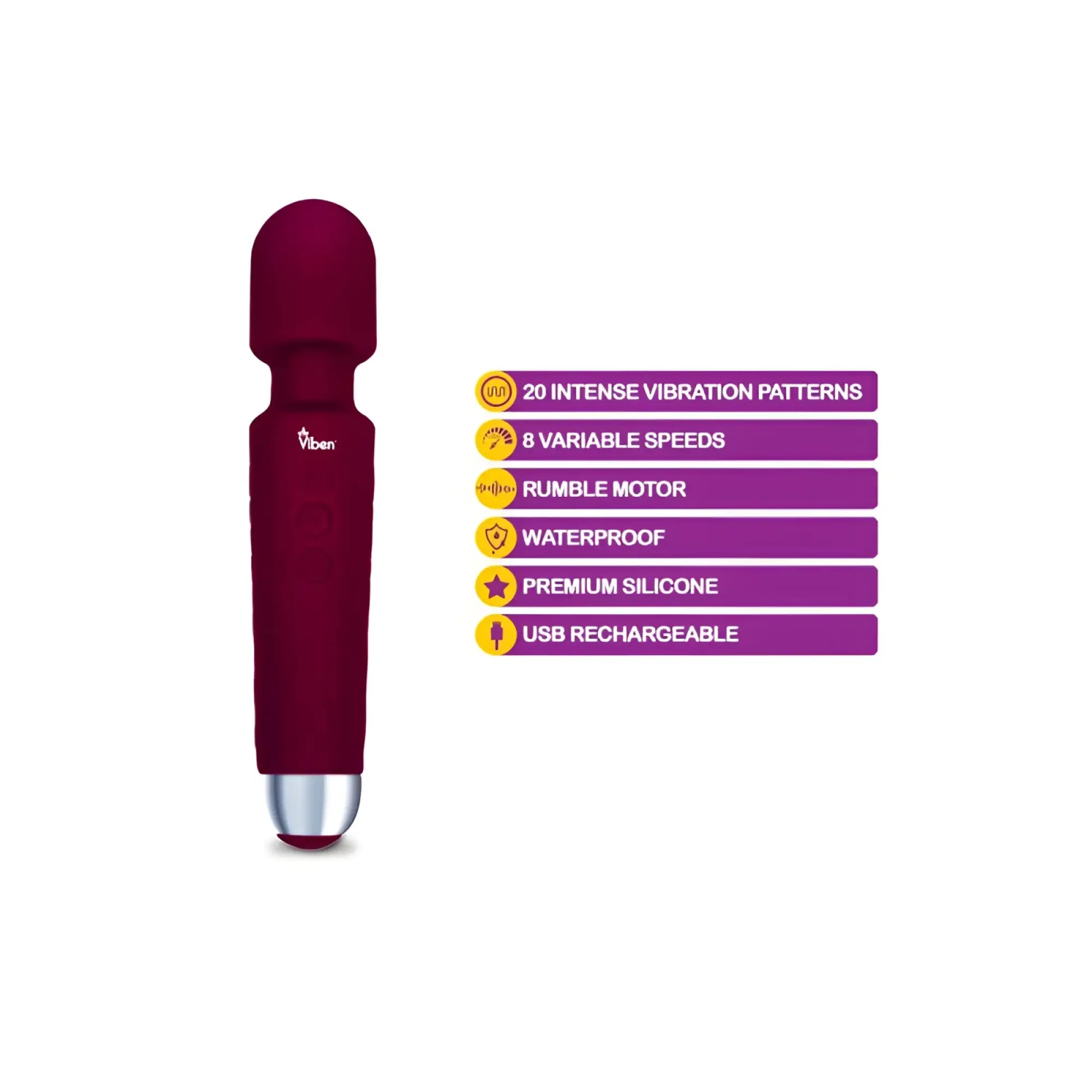 Viben tempest rechargeable maroon wand massager with silver tip and premium silicone body for personal use