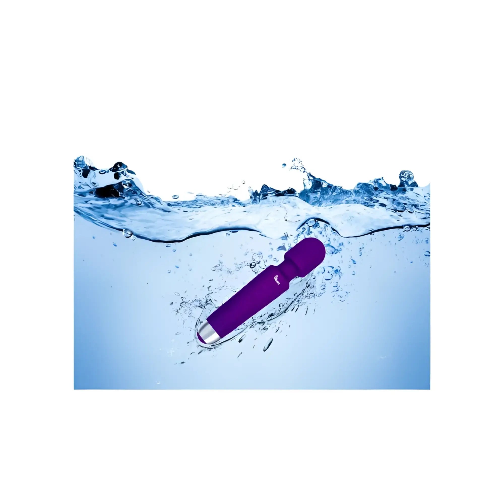 Viben tempest travel wand massager violet purple vibrating wand with silver metallic tip partially submerged in clear water