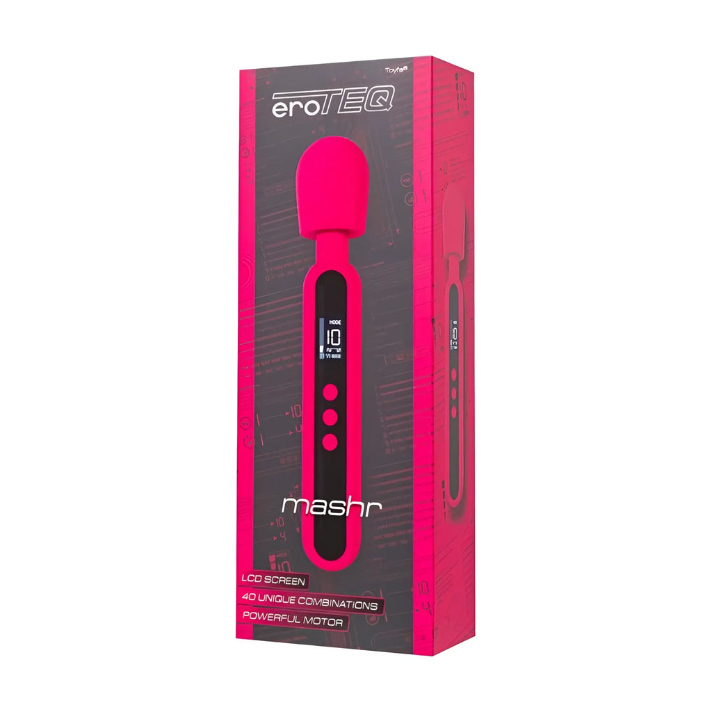 Pink eroTEQ mashr wand massager by eroteq with digital display and three buttons for personal massage use