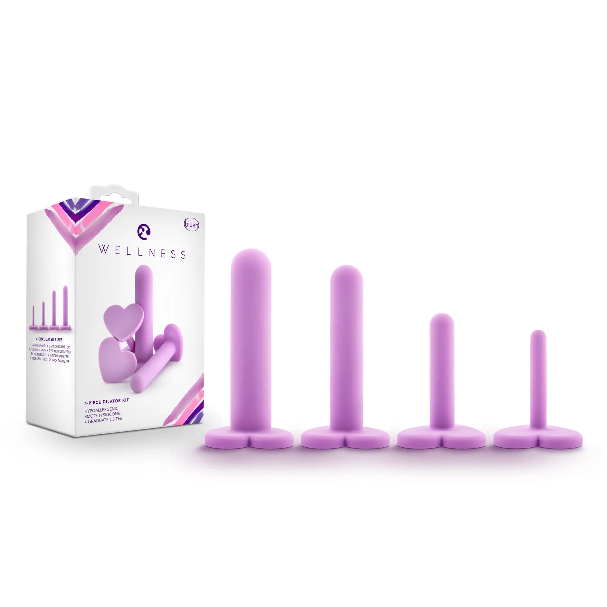 Wellness wellness dilator kit purple with graduated purple silicone dilators displayed alongside branded packaging