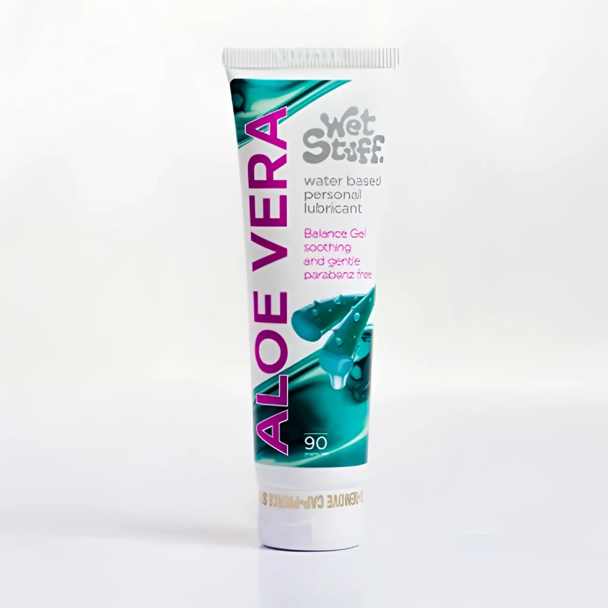 Wet Stuff Aloe Vera wet stuff personal lubricant in a white and teal tube with aloe vera leaf image 90g