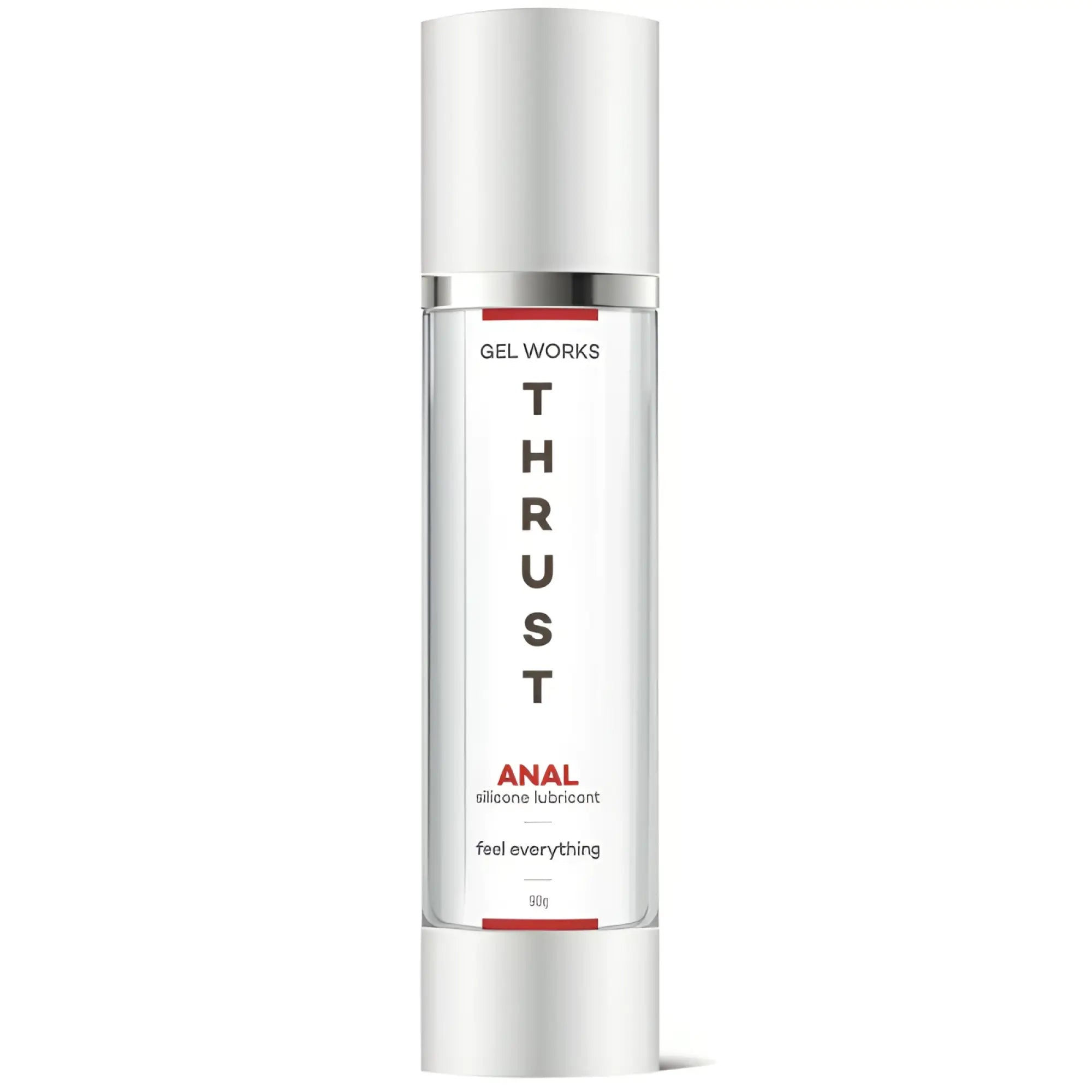 A sleek transparent bottle of wet stuff gel works thrust silicone anal lubricant with silver cap and red accents