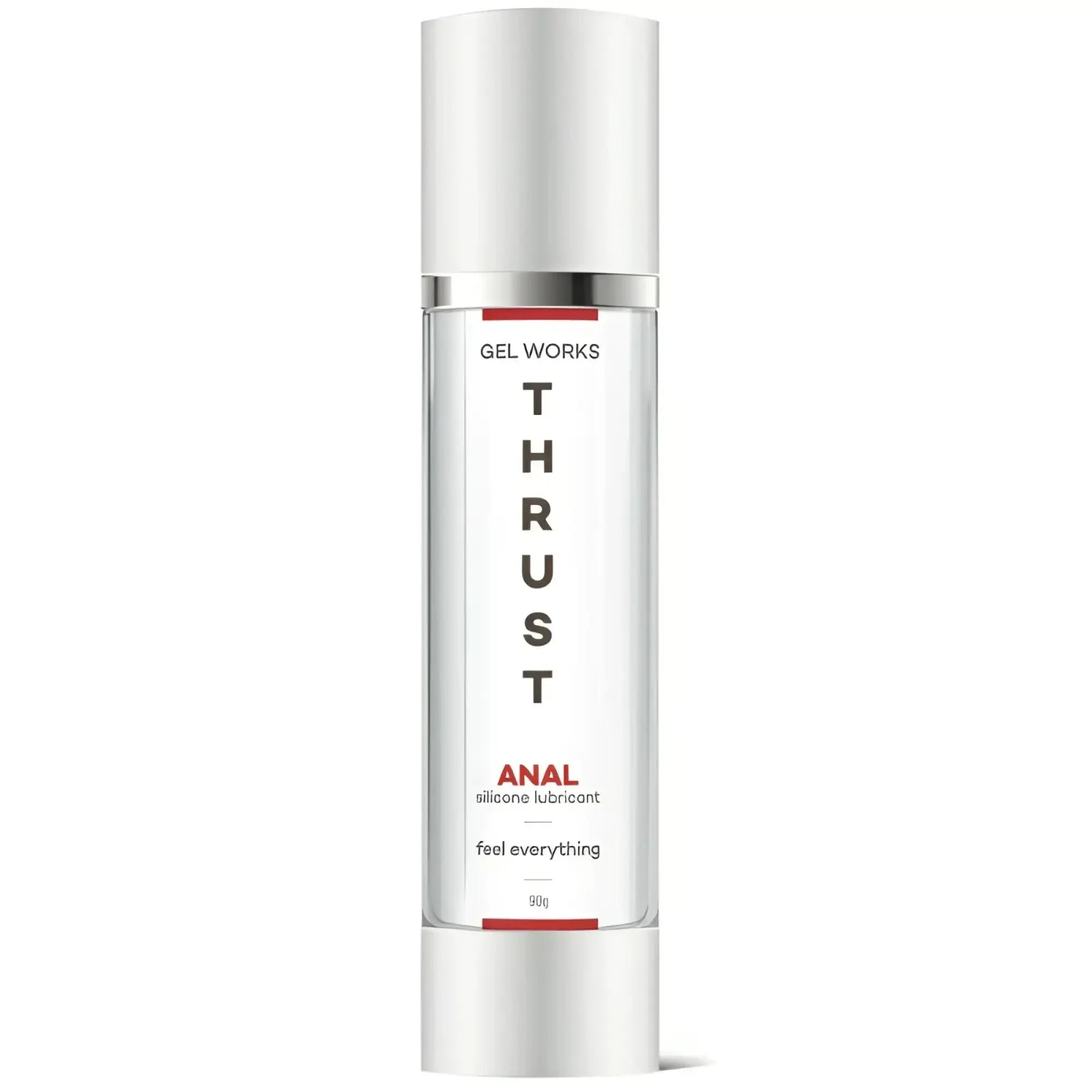 A sleek transparent bottle of wet stuff gel works thrust silicone anal lubricant with silver cap and red accents