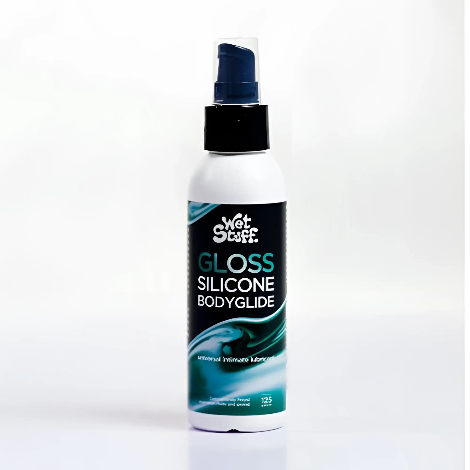 A white spray bottle with a black nozzle and blue cap labeled wet stuff gloss silicone bodyglide for smooth skin lubrication