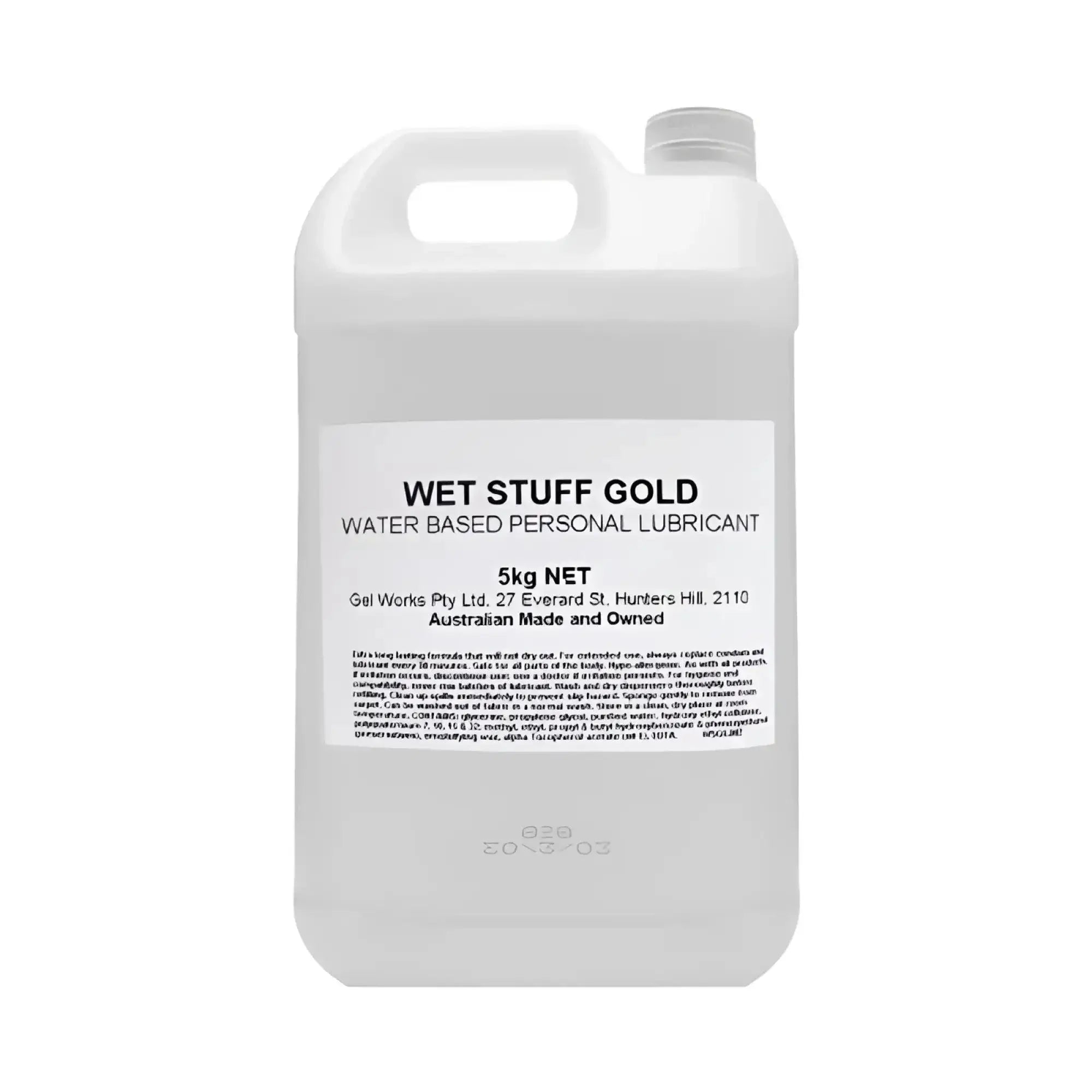 A translucent white plastic jug with handle labeled wet stuff gold water based personal lubricant 5kg