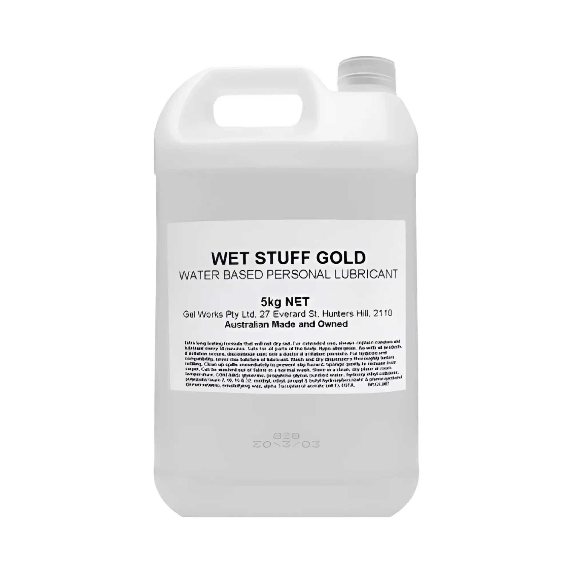 A translucent white plastic jug with handle labeled wet stuff gold water based personal lubricant 5kg