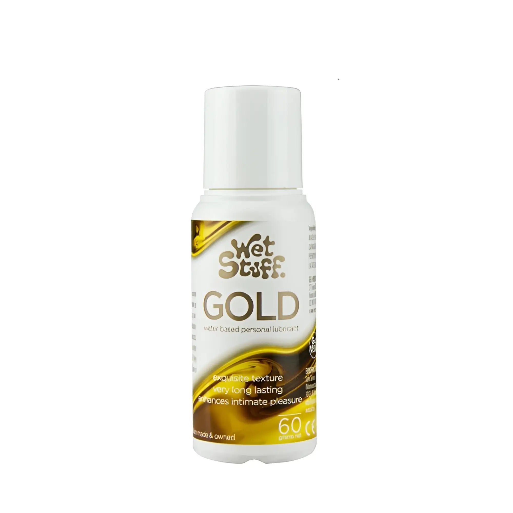 White plastic bottle of wet stuff gold water-based personal lubricant with gold and white swirling liquid label 60g