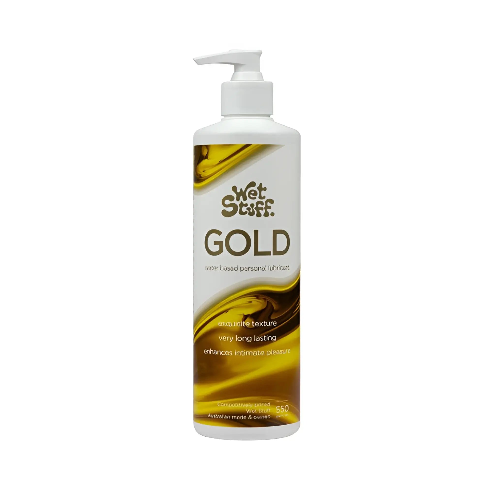 White pump bottle of Wet Stuff Gold water-based personal lubricant with gold and brown swirling label design 550g