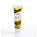 A sleek white tube of wet stuff gold water-based personal lubricant with a glossy gold and black wave label design