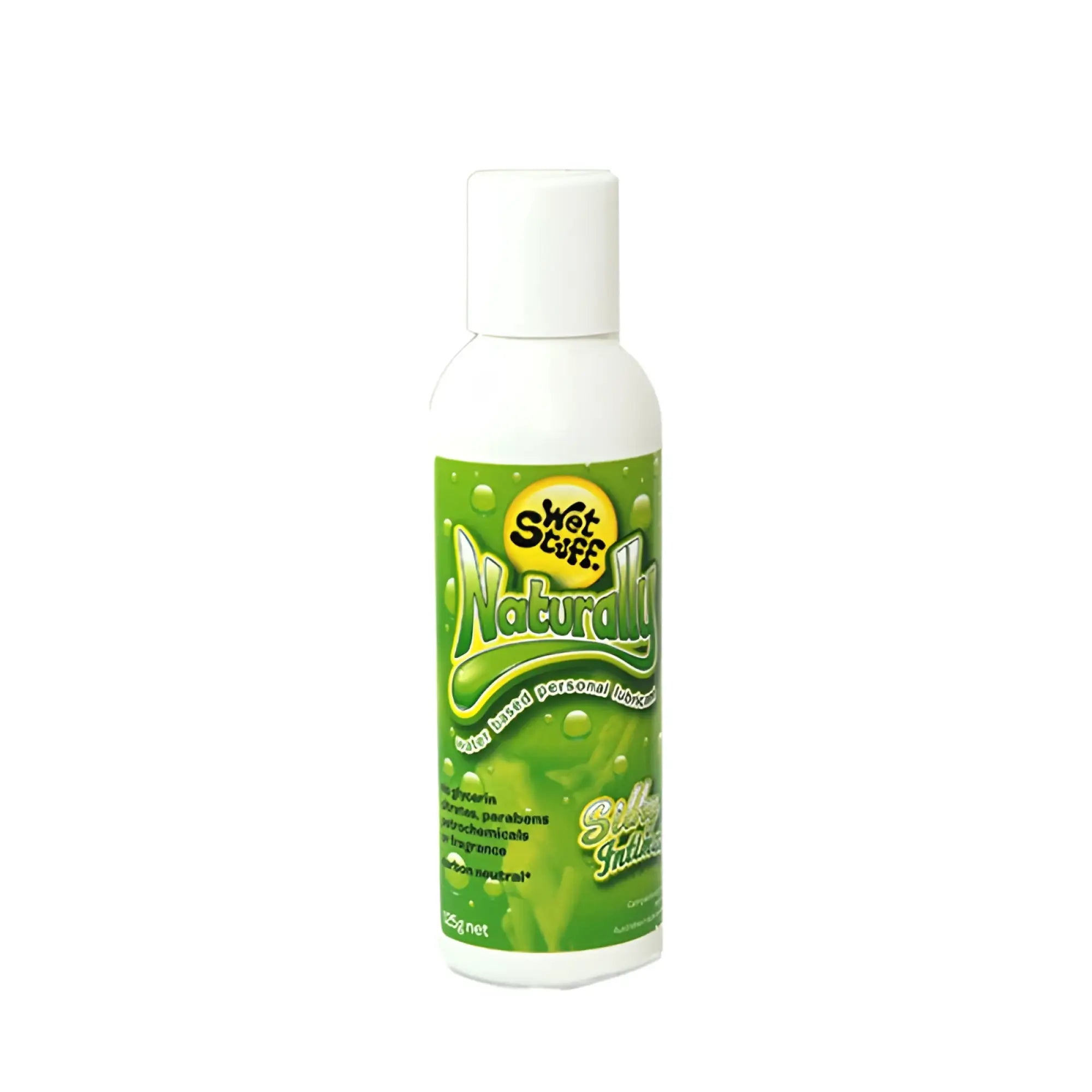 A white plastic bottle with a green wet stuff naturally label containing a water-based personal hygiene product 125g