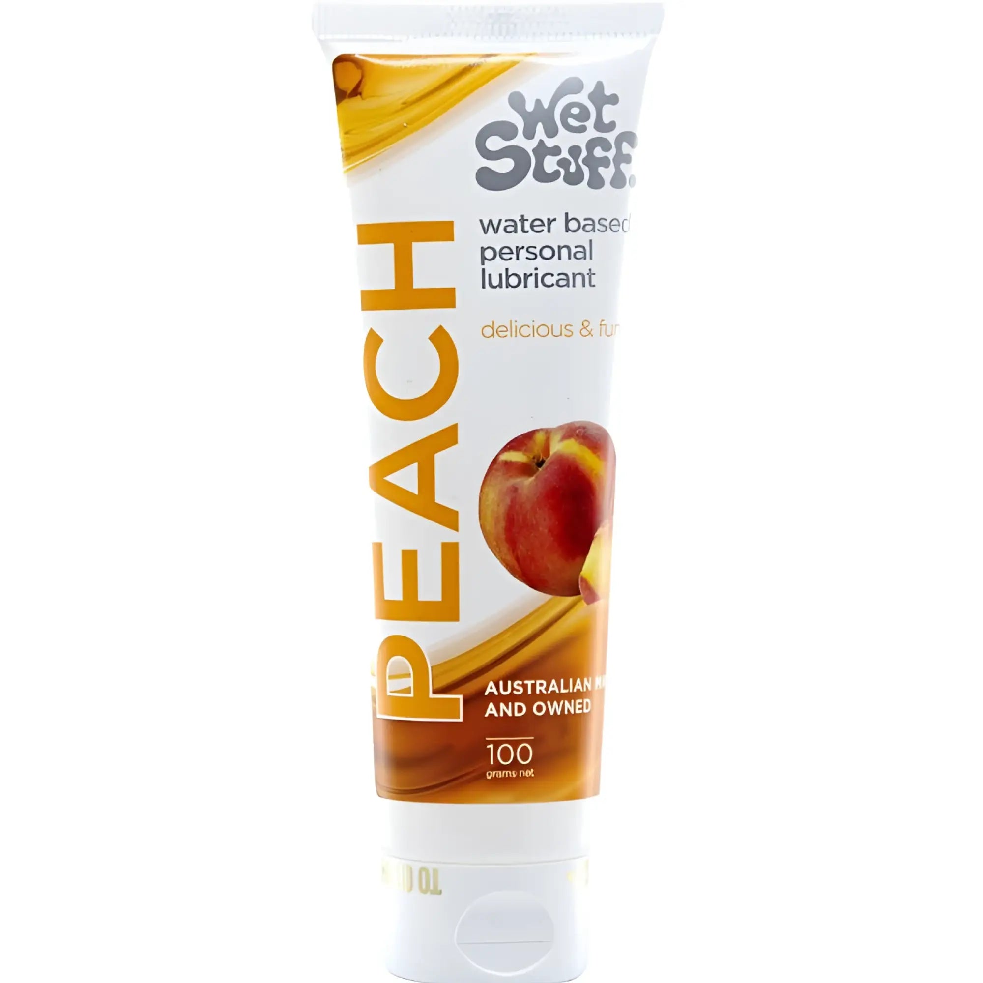 Peach scented water based flavoured personal lubricant in a white and orange tube by Wet Stuff 100g