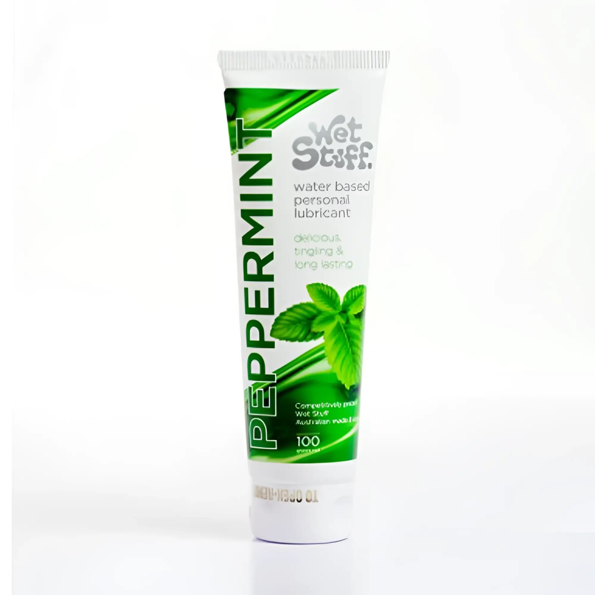 Green and white tube of wet stuff peppermint water-based personal lubricant 100g for intimate use