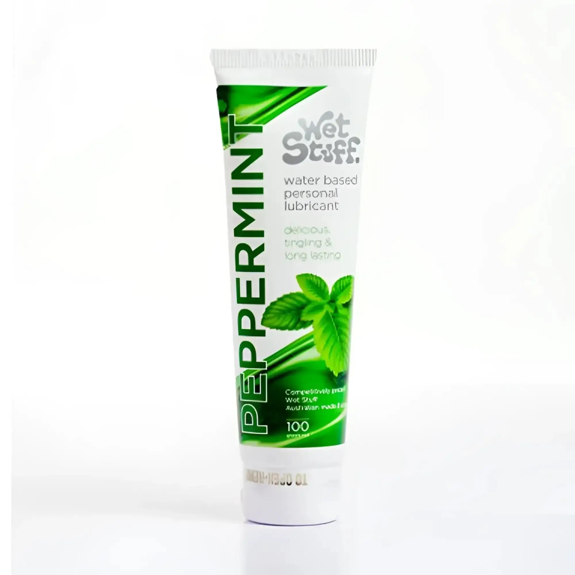 Green and white tube of wet stuff peppermint water-based personal lubricant 100g for intimate use