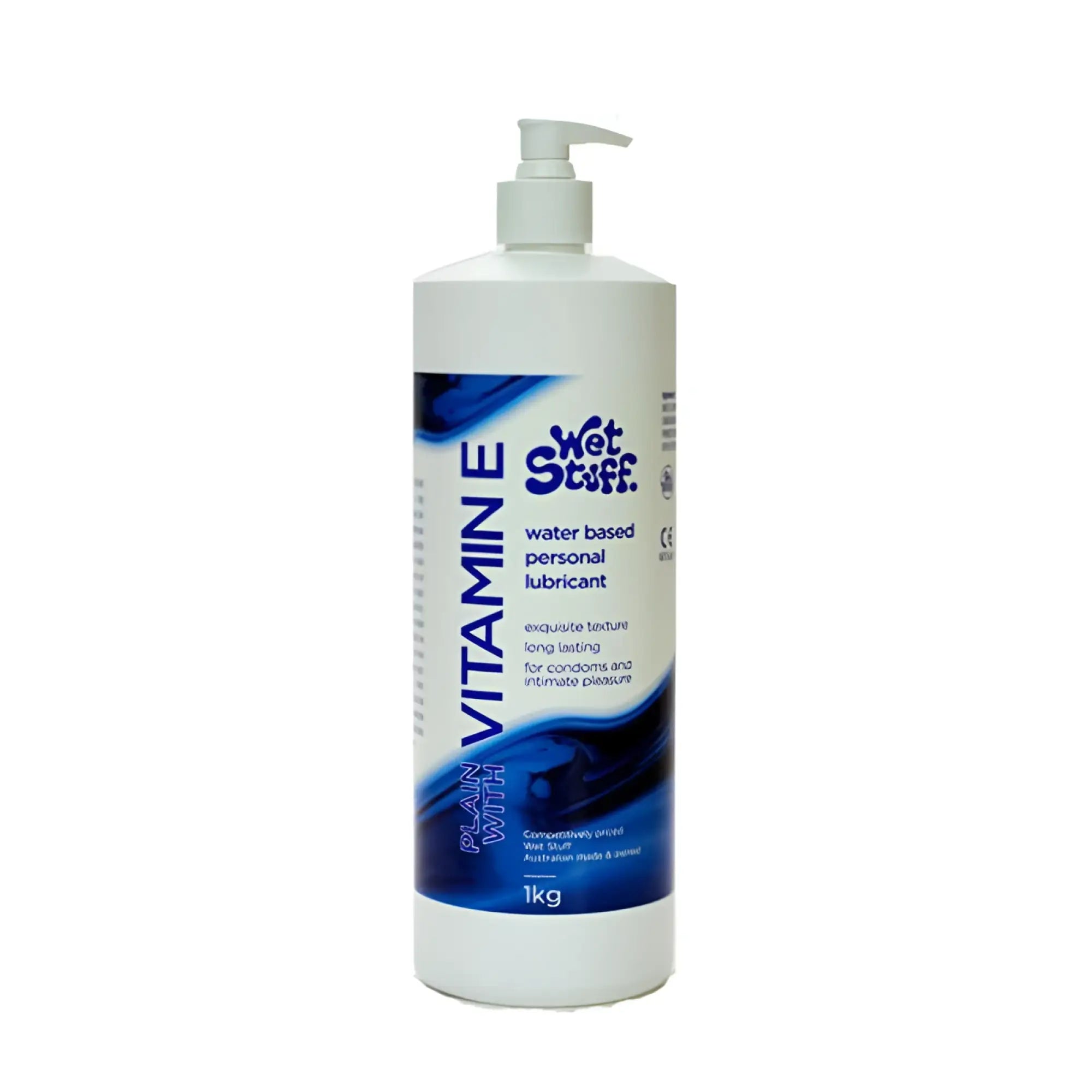 White plastic bottle with blue label and pump dispenser of wet stuff plain vitamin e water based personal lubricant 1kg