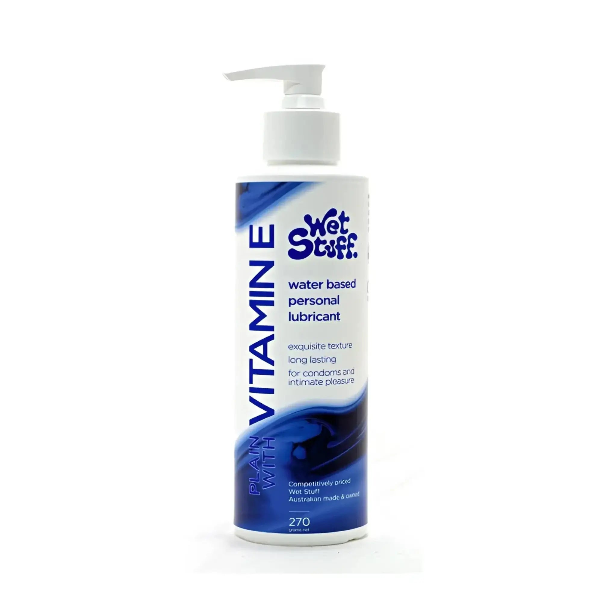 White pump bottle of wet stuff plain vitamin e water-based personal lubricant with blue and white label 270g