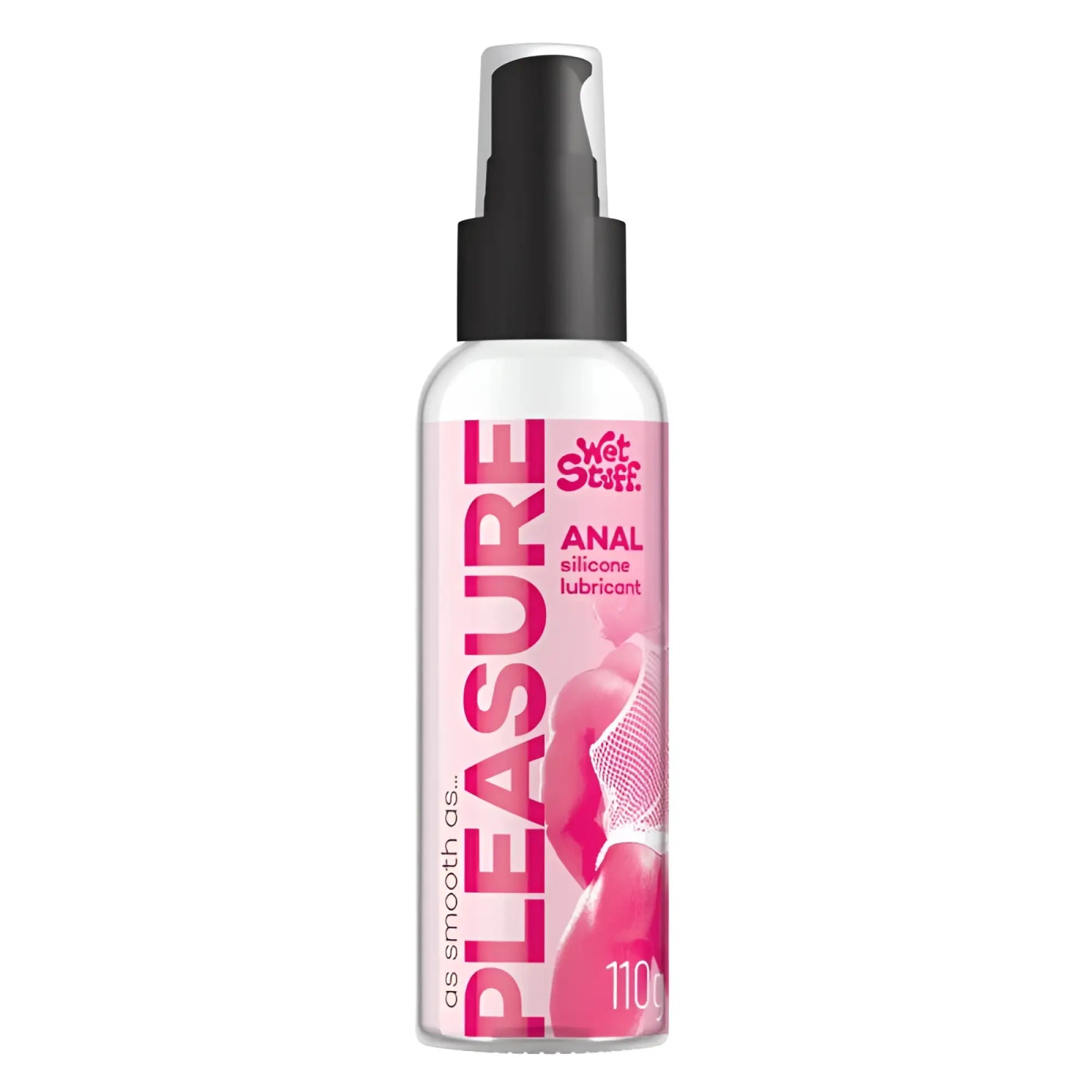Pink and white labeled wet stuff pleasure anal silicone lubricant spray bottle with pump top 110g in front view