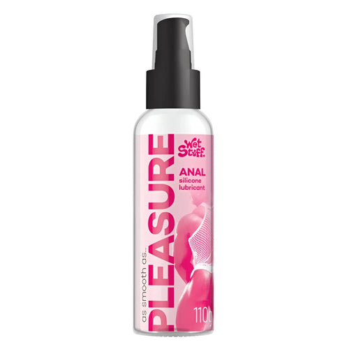 Pink and white labeled wet stuff pleasure anal silicone lubricant spray bottle with pump top 110g in front view