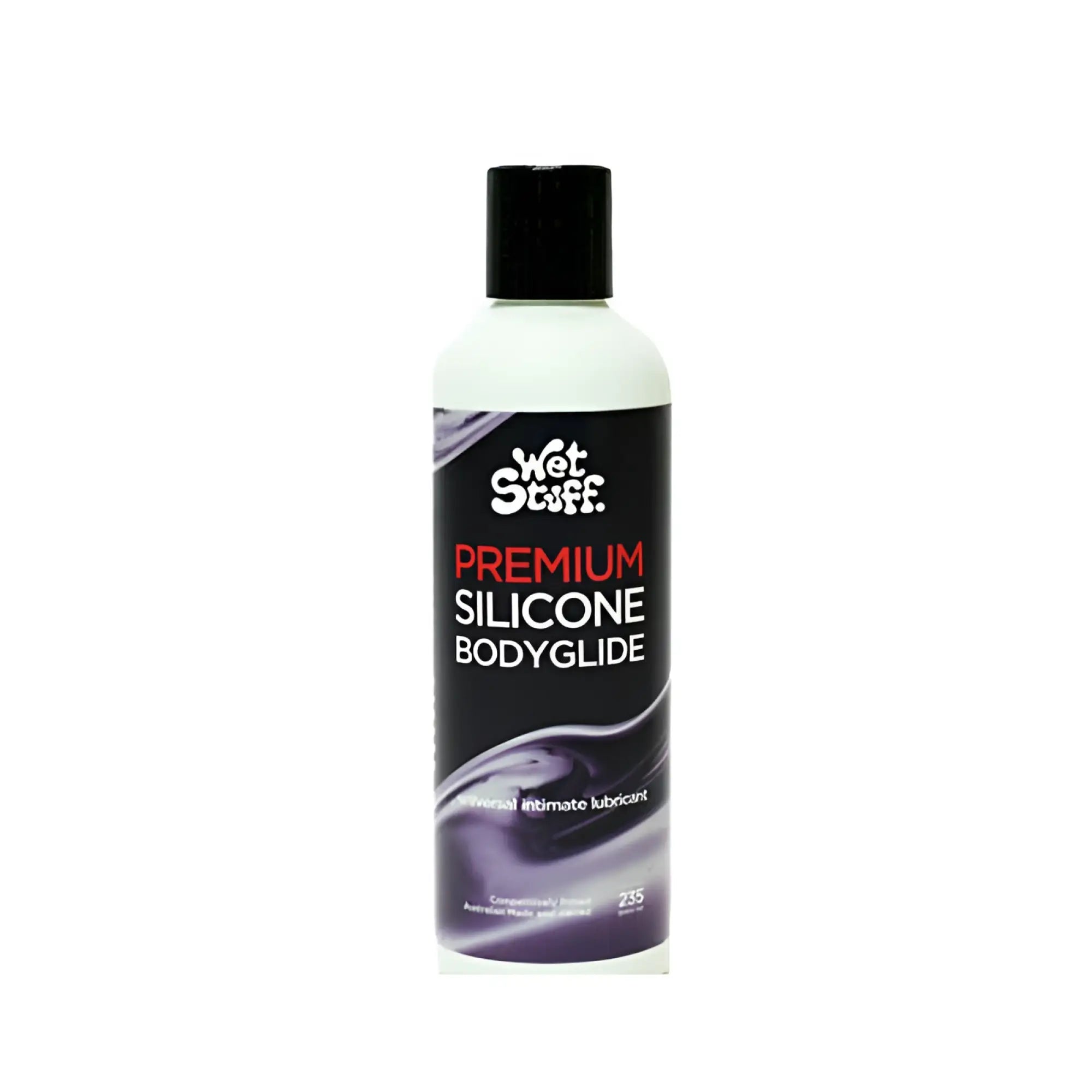 Wet Stuff premium silicone bodyglide in a sleek white 235g bottle with black cap and purple swirl label