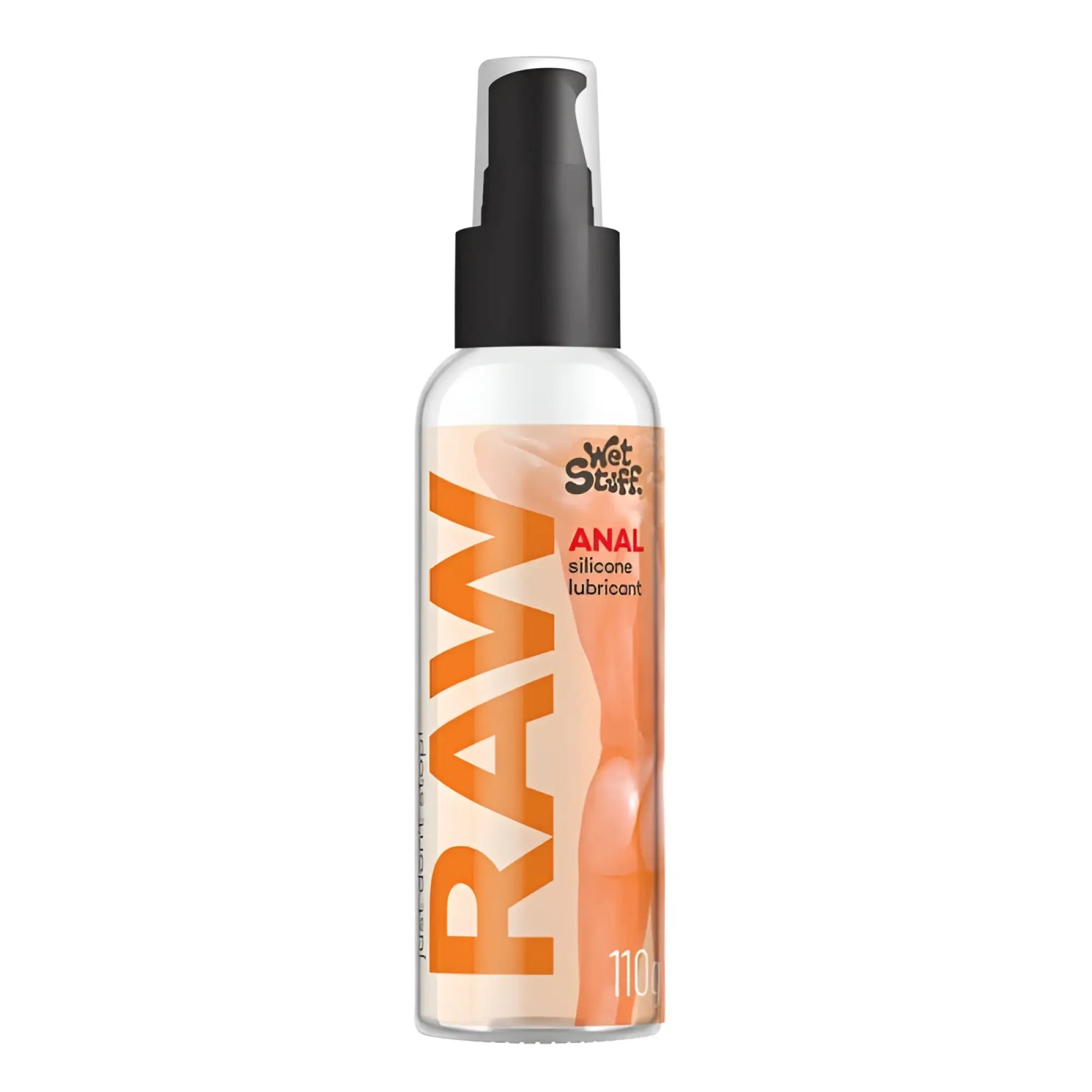 Transparent plastic bottle with black spray nozzle labeled raw in orange and Wet Stuff logo for anal silicone lubricant pump top