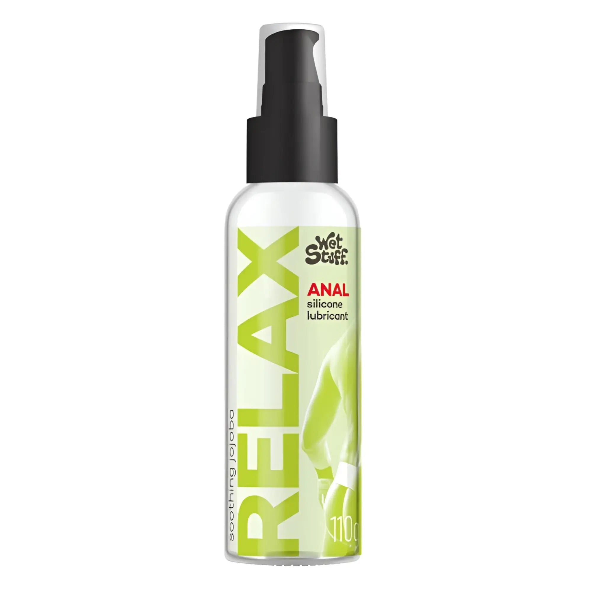 Clear plastic spray bottle with black pump labeled wet stuff anal silicone lubricant for personal use on light green background